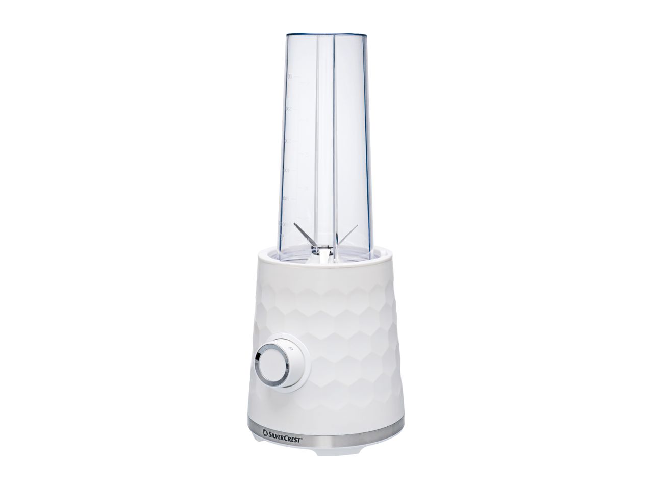 White personal blender with a honeycomb pattern on the base and a clear blending cup