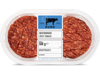 Twee spicy tomaat beefburgers, 500g.