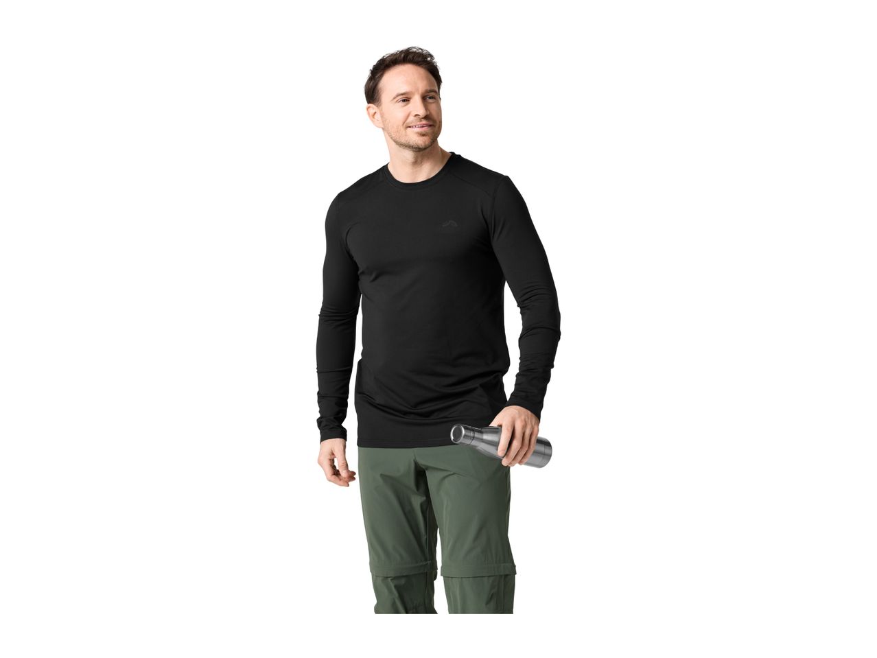 A man wearing a black long-sleeved functional shirt and green outdoor trousers.