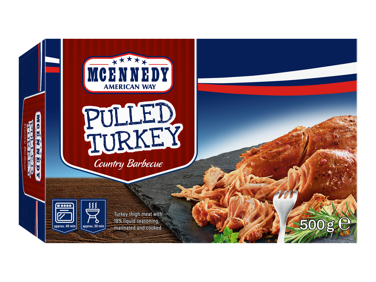 MCENNEDY Pulled Turkey Country Barbecue, 500g, with cooking instructions.