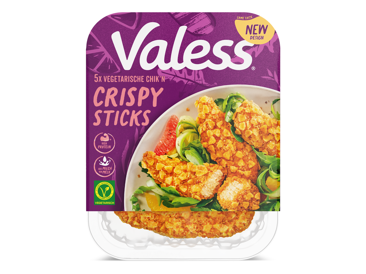 Een verpakking vegetarische krokante sticks met melk, rijk aan eiwitten.