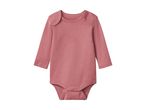 Pink long-sleeved baby bodysuit with snap fasteners.