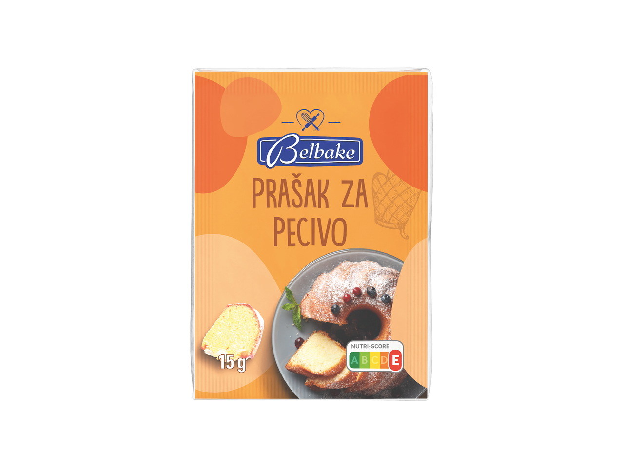 Belbake prašak za pecivo s prikazom kolača i Nutri-Score oznakom.