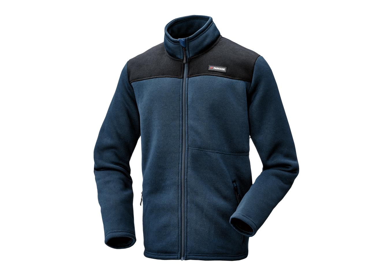 A blue and black fleece jacket with a zipper and a high collar.