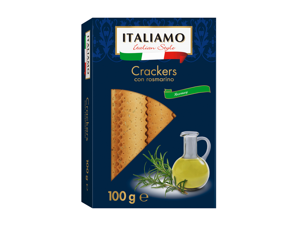 Boîte de crackers au romarin, avec une carafe d'huile d'olive et des brins de romarin.