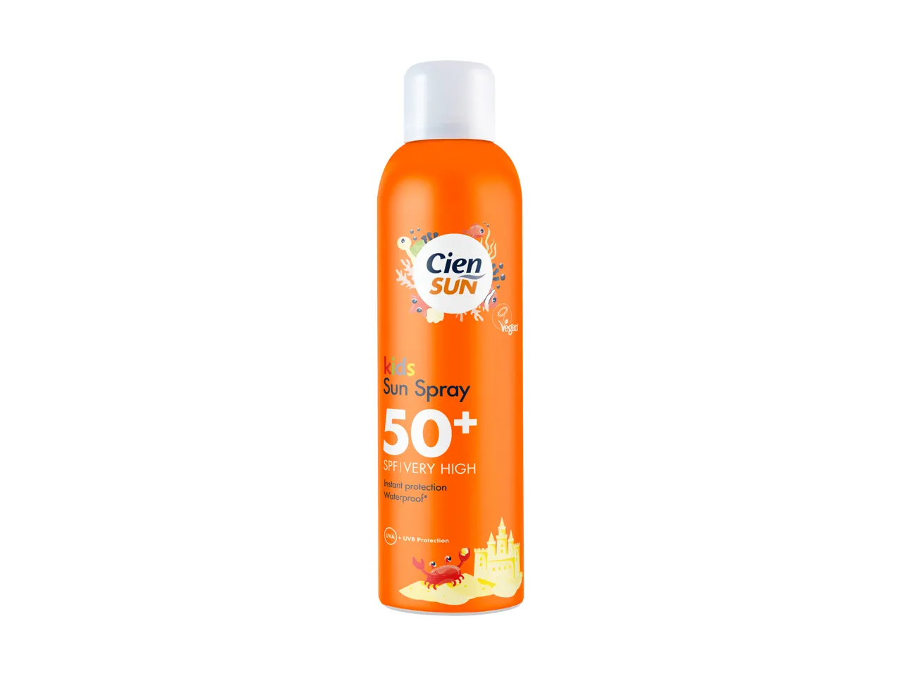 Kids sun spray SPF 50+ with instant protection and waterproof formula.