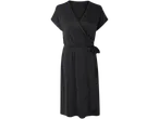 Rochie neagră, înfășurată, cu mâneci scurte.