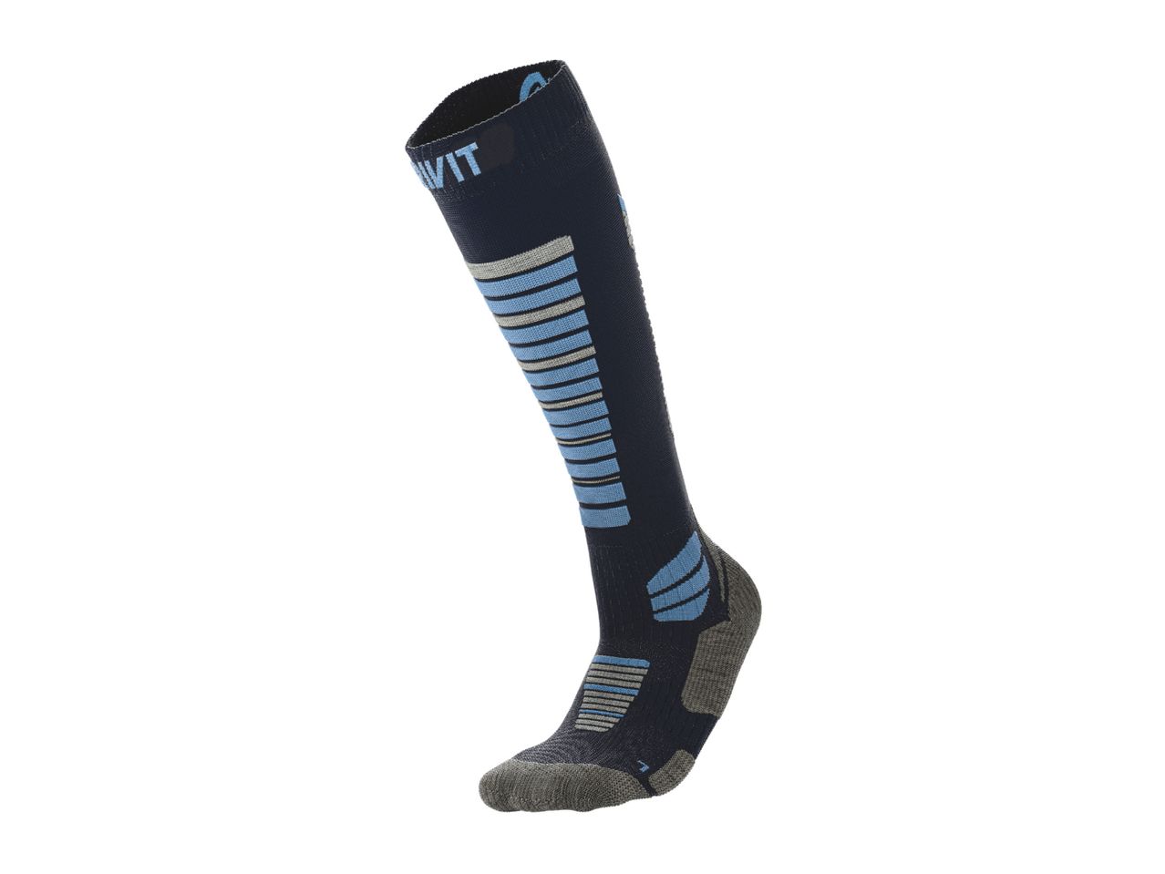 A single dark blue ski sock with light blue and grey stripes.