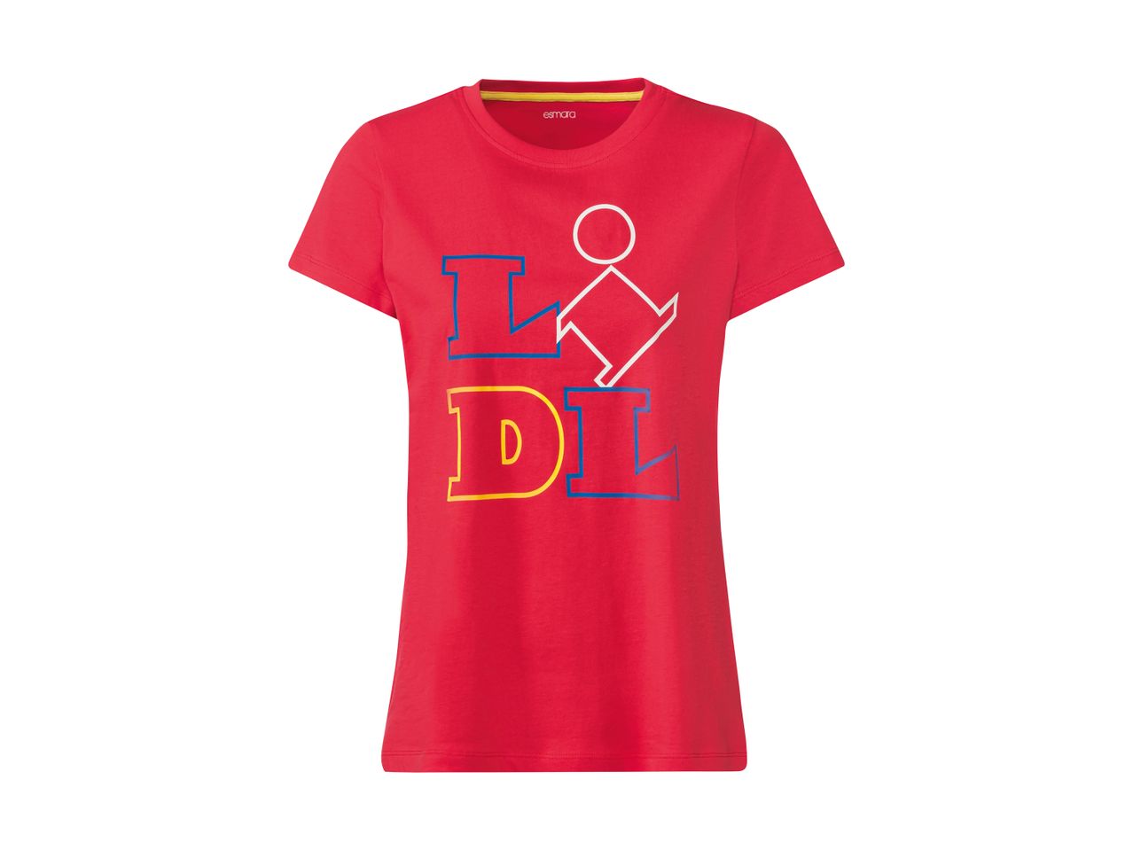 Rød T-shirt med et farverigt Lidl-logo.