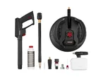 Pressure washer gun, surface cleaner, detergent bottle, and various nozzles for cleaning.