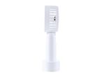 White portable handheld fan with a cylindrical base, viewed from the side.