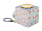 Soft baby activity cube with mirror, floral, striped, and orange patterns.