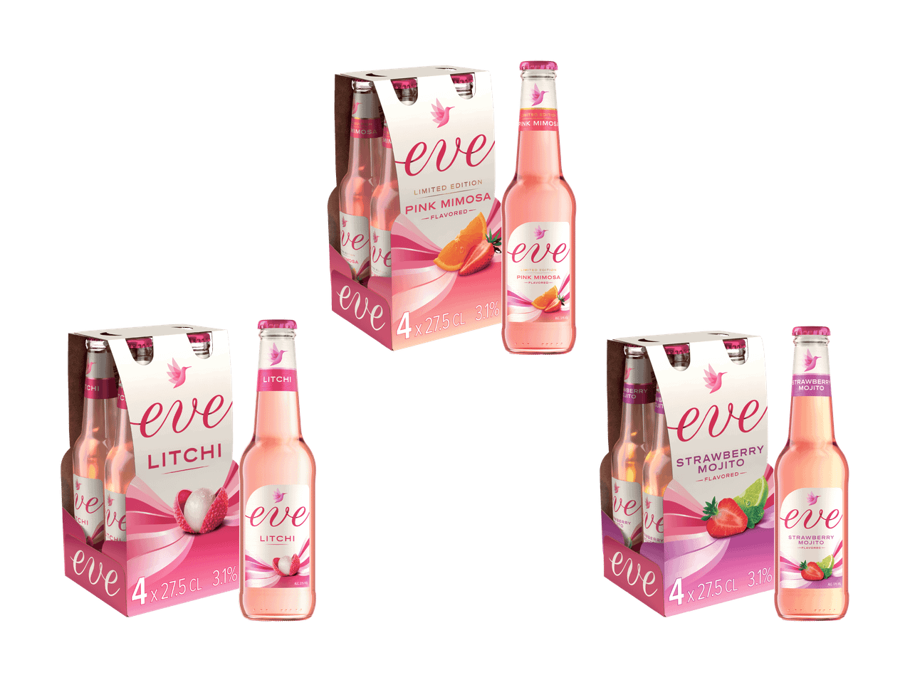 Drei 4er-Packs Eve-Getränke in den Geschmacksrichtungen Pink Mimosa, Litschi und Strawberry Mojito.