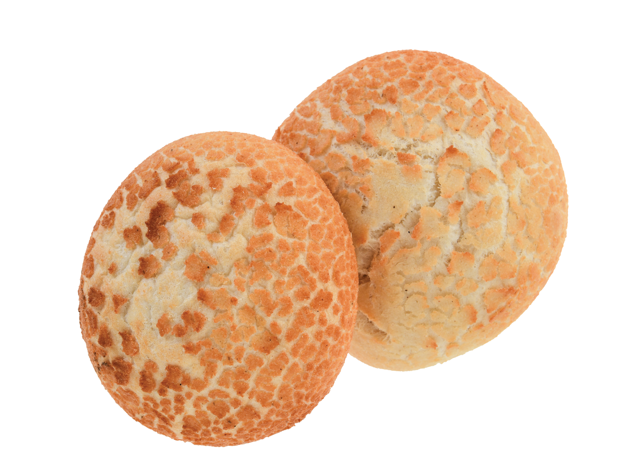 Dois pãezinhos crocantes com manchas marrons.