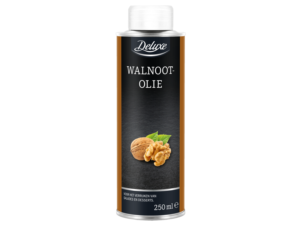 Fles walnootolie met walnoten en bladeren, 250 ml.
