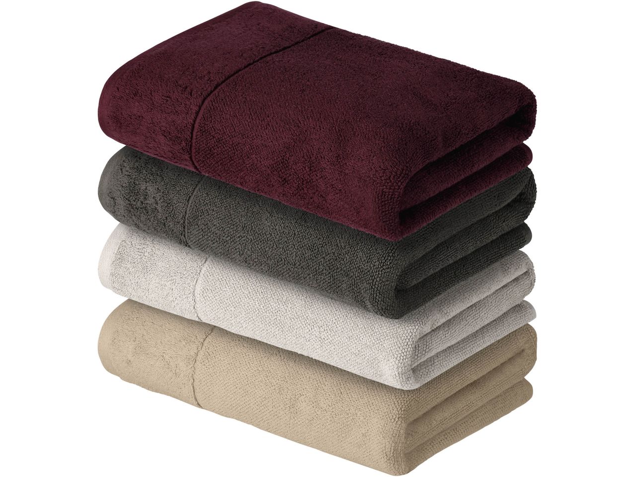 A stack of four folded towels in maroon, dark gray, light gray, and beige.