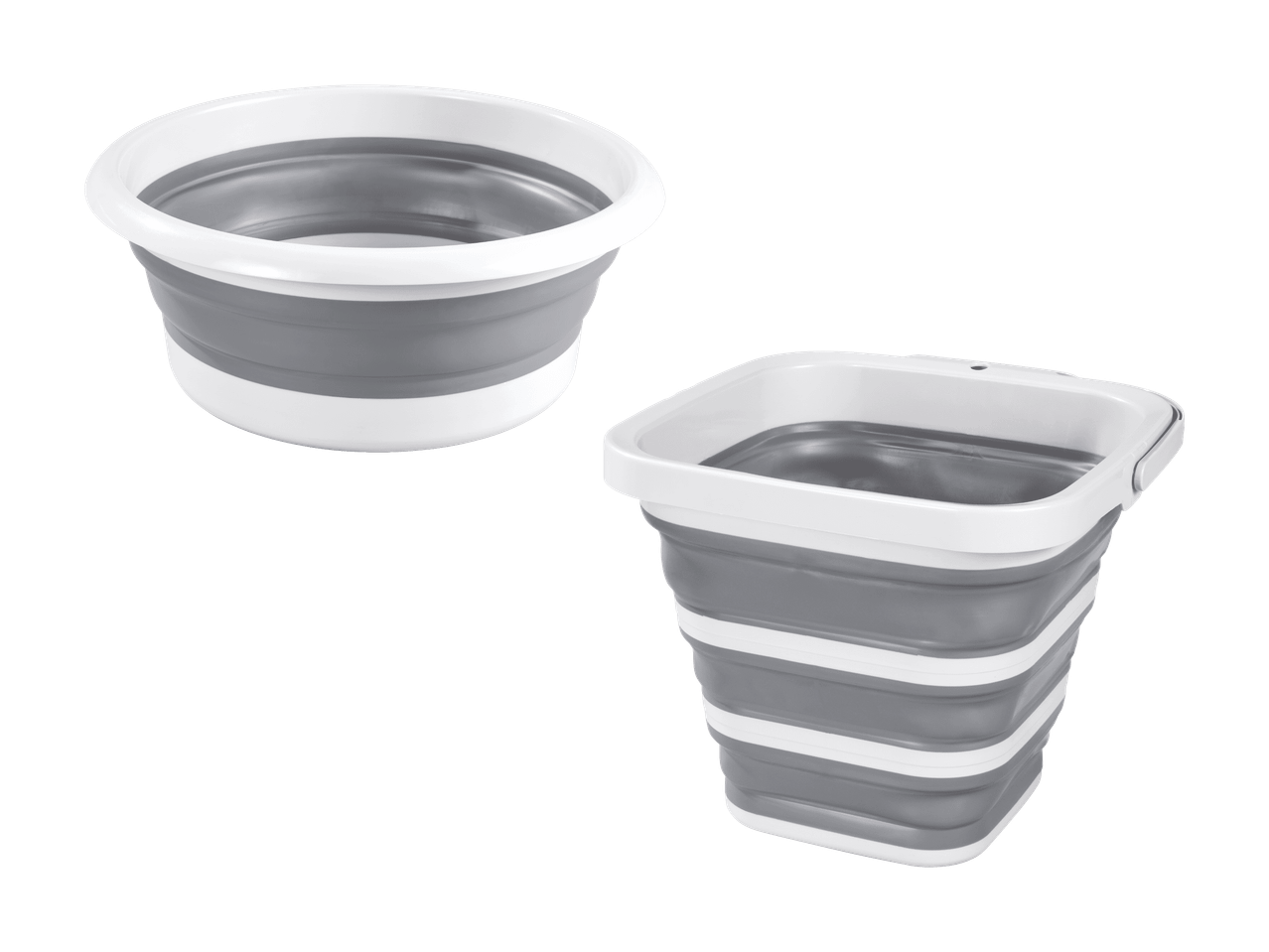 Bacs et seaux pliables en silicone gris et bleu pour la lessive ou le rangement.