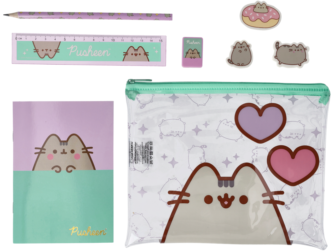 Pusheen školski pribor: olovka, lenjir, gumice, pernic.