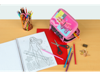 Barbie pencil case, colored pencils, and coloring book.