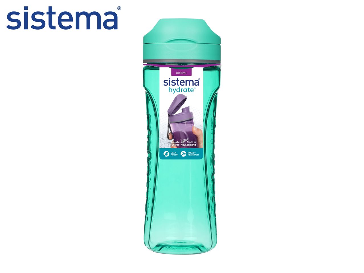 Green 600ml water bottle with a flip-top lid, labeled as leak-proof and impact-resistant.