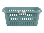 A green plastic laundry basket with gray handles.