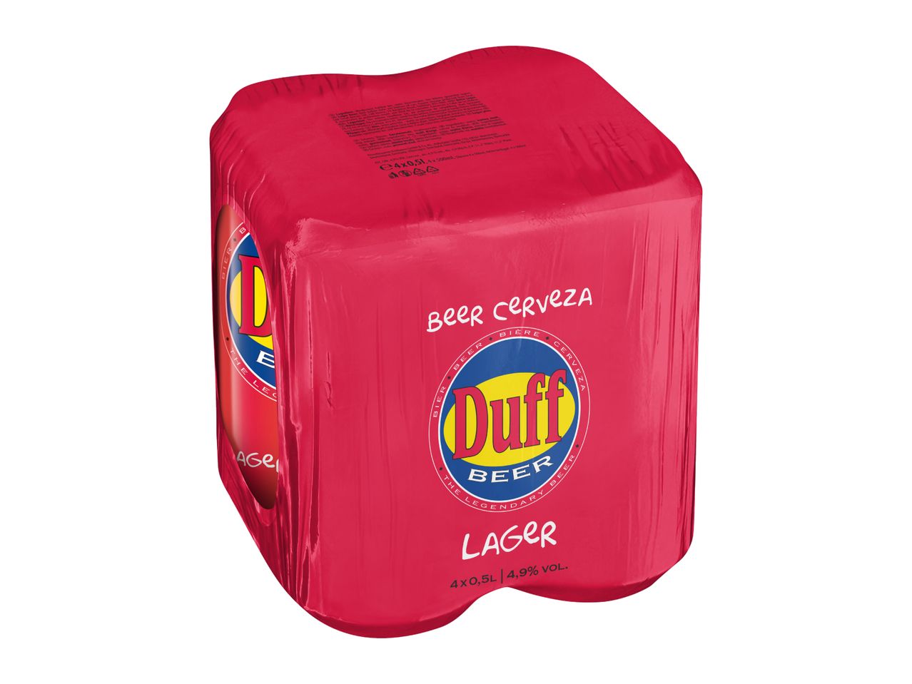 A red four-pack of beer cans with a yellow and blue logo, labeled as Lager beer.