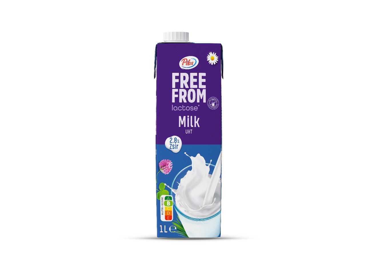 Ljubičasta kutija mlijeka bez laktoze s natpisom 'Pilos Free From Lactose Milk UHT' i Nutri-Score oznakom.
