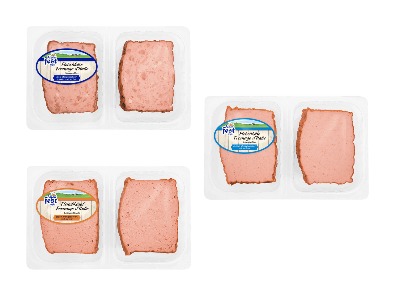 Drei Packungen Alpenfest Fleischkäse, zwei vom Schwein und eine vom Geflügel.