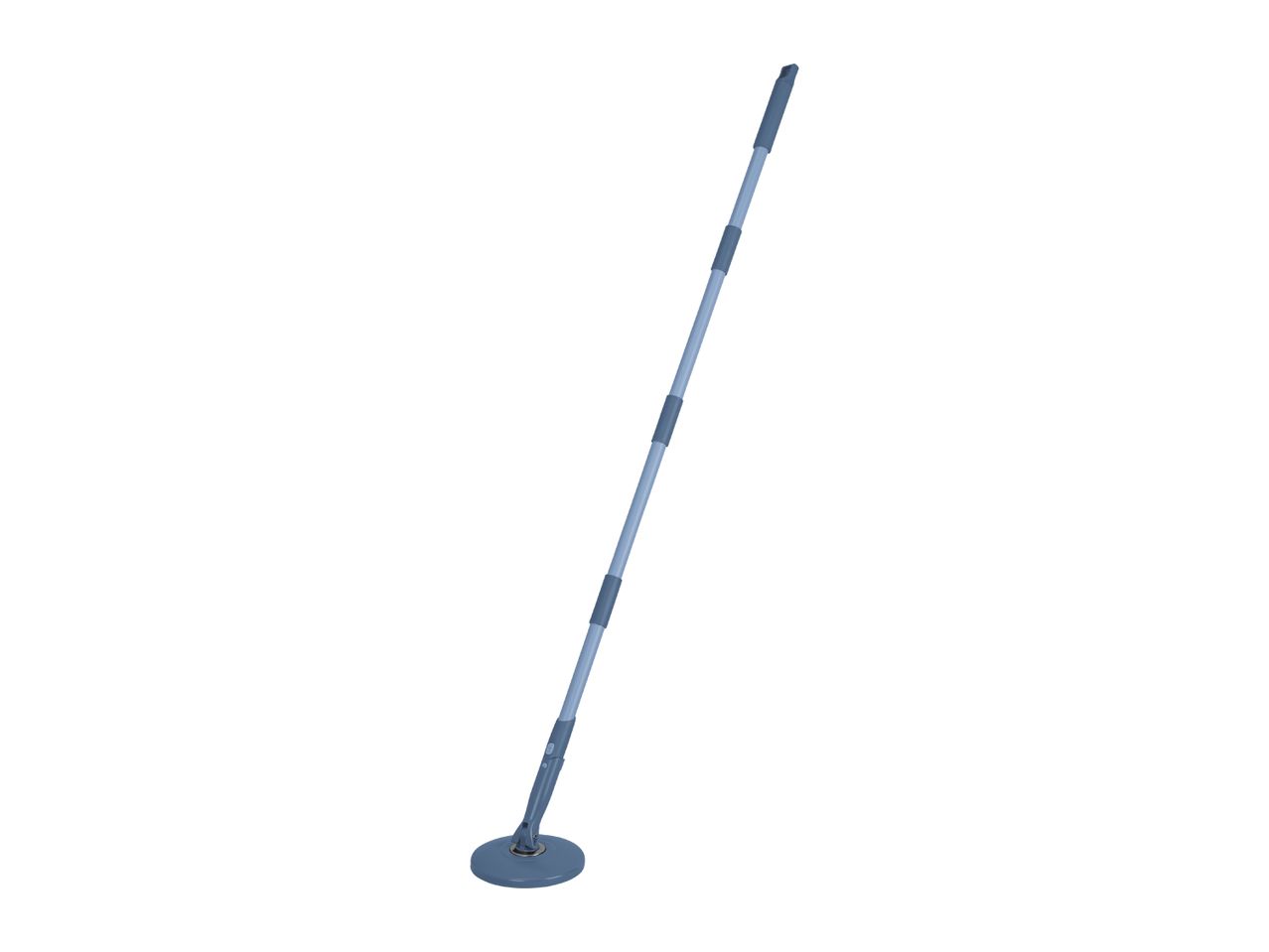 A telescopic spin mop with a round head and a long, extendable handle.