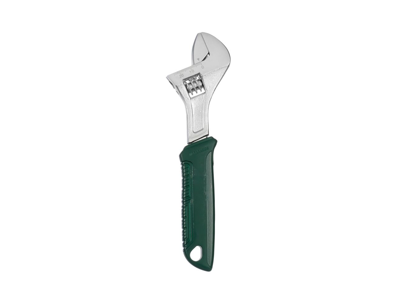 An adjustable wrench with a silver head and a dark green handle is positioned vertically on a white background.