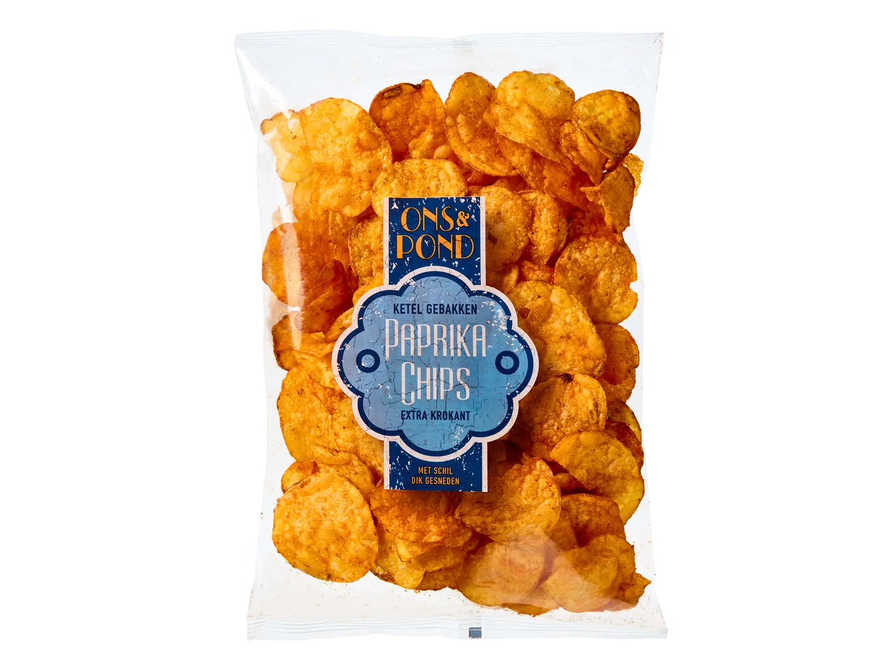 Zak ketelgebakken paprikachips met de tekst 'ONS & POND KETEL GEBAKKEN PAPRIKA CHIPS EXTRA KROKANT MET SCHIL DIK GESNEDEN'.