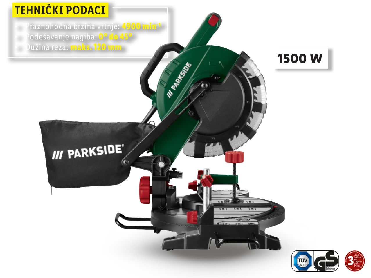 Parkside kutna pila od 1500 W s tehničkim podacima.