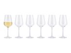 Six champagne flutes, one filled with sparkling wine, on a white background.