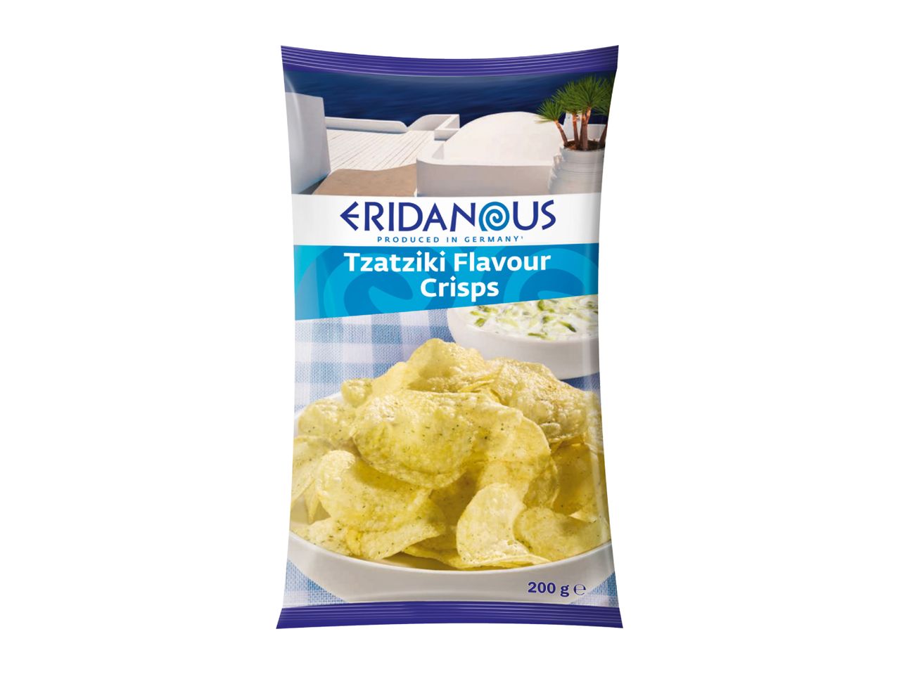 Tzatziki flavour crisps in a bag, with a Greek-themed background and a bowl of tzatziki.