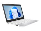 A white HP laptop with Windows 11 displayed on the screen.