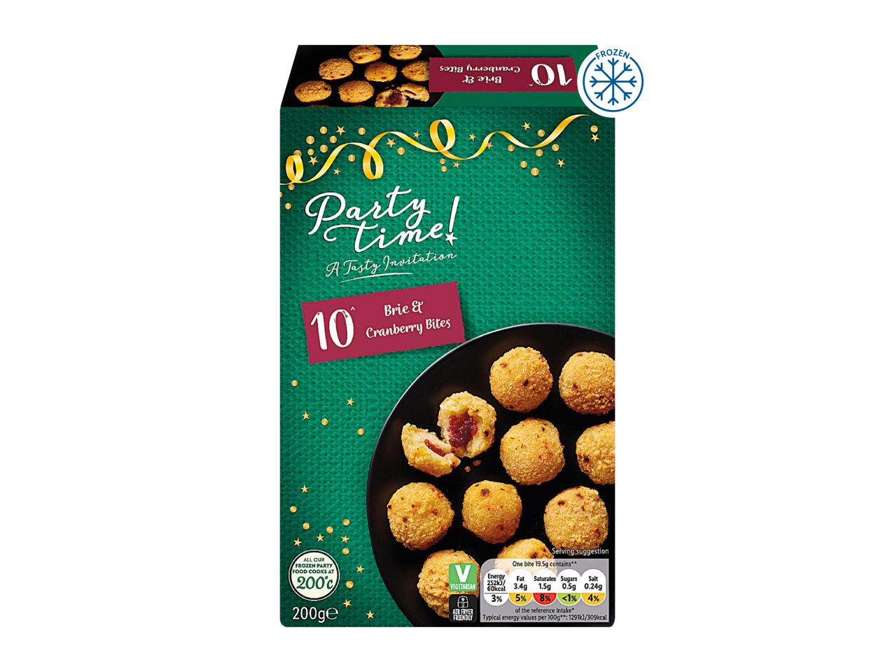 Lidl Party Time Brie & Cranberry Bites, 10 pieces, 200g, frozen, vegetarian, air fryer friendly.
