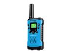 Blue and black walkie-talkie with a screen displaying '1.0F' and various buttons.