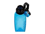 Blue plastic water bottle with an open black lid and carrying loop