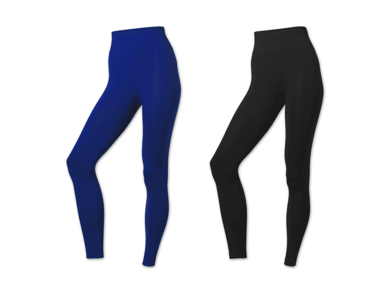 Zwei Leggings, eine blaue und eine schwarze, auf schwarzem Hintergrund.