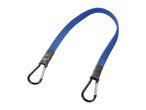 Blue bungee cord with black carabiner clips on a white background.