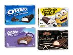 Fire pakker med kølesnacks: en med chokolade- og mælkesmag, en med banan- og chokoladesmag, en med chokoladesmag og en med Baileys- og cappuccinosmag.