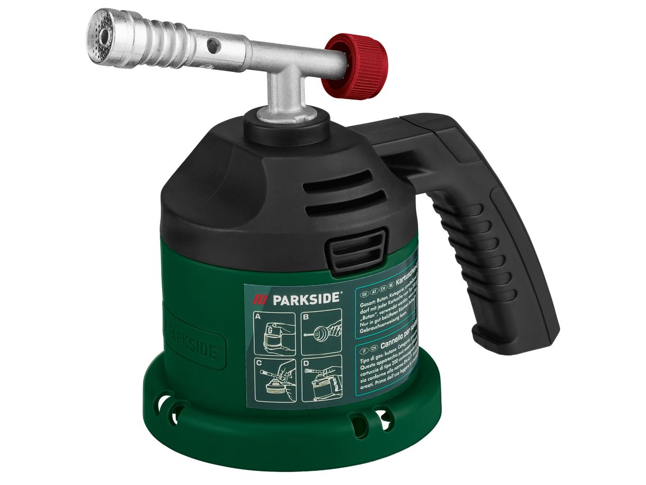 Газова горелка със зелен резервоар и черна дръжка, с инструкции за употреба.