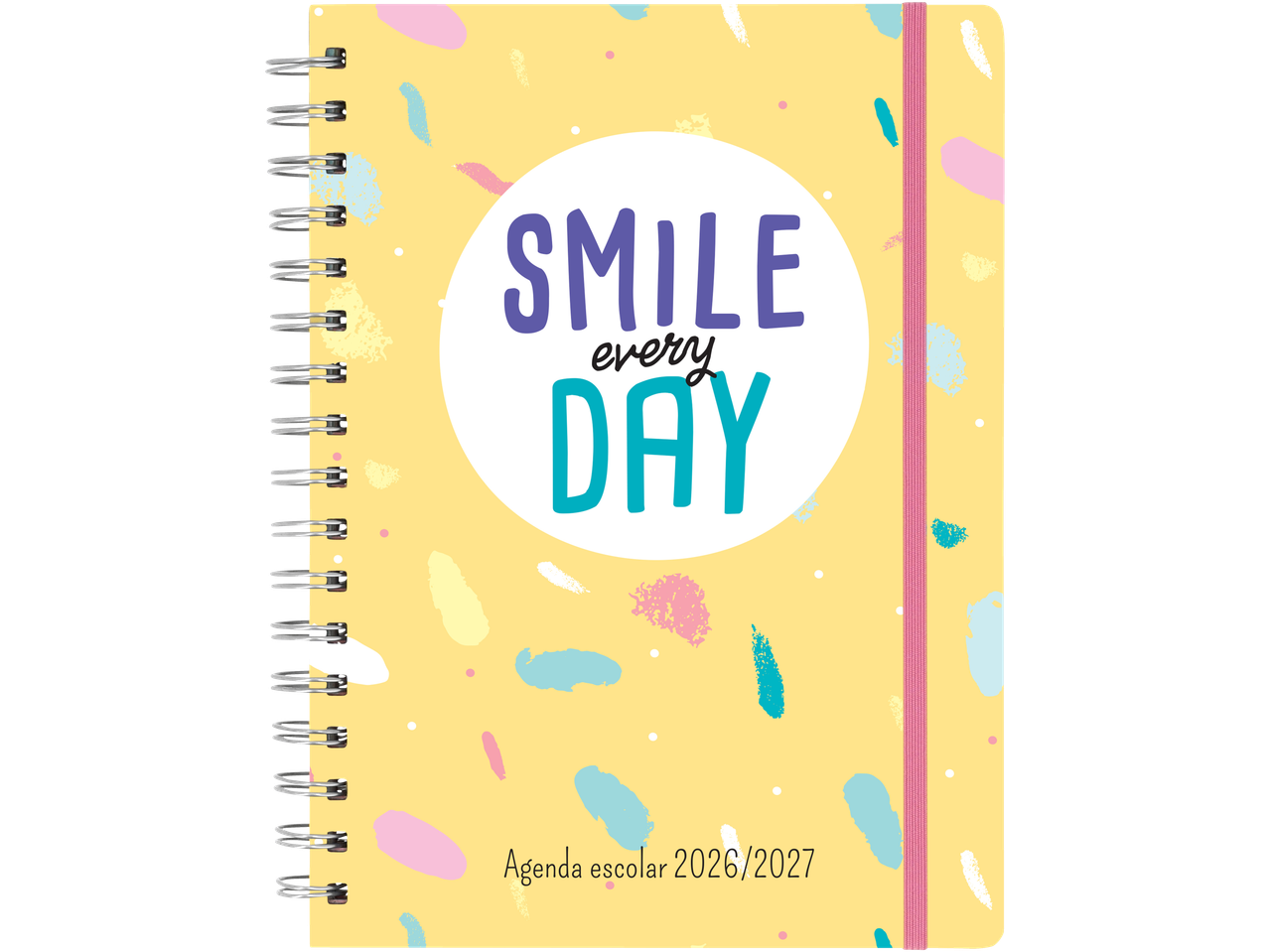 Agenda escolar amarela com a frase 'SMILE every DAY' e elástico rosa.