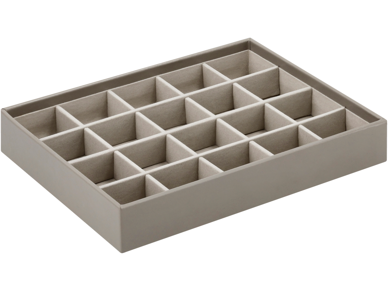 Siva ladica za nakit s 24 pretinca za organiziranje sitnica.