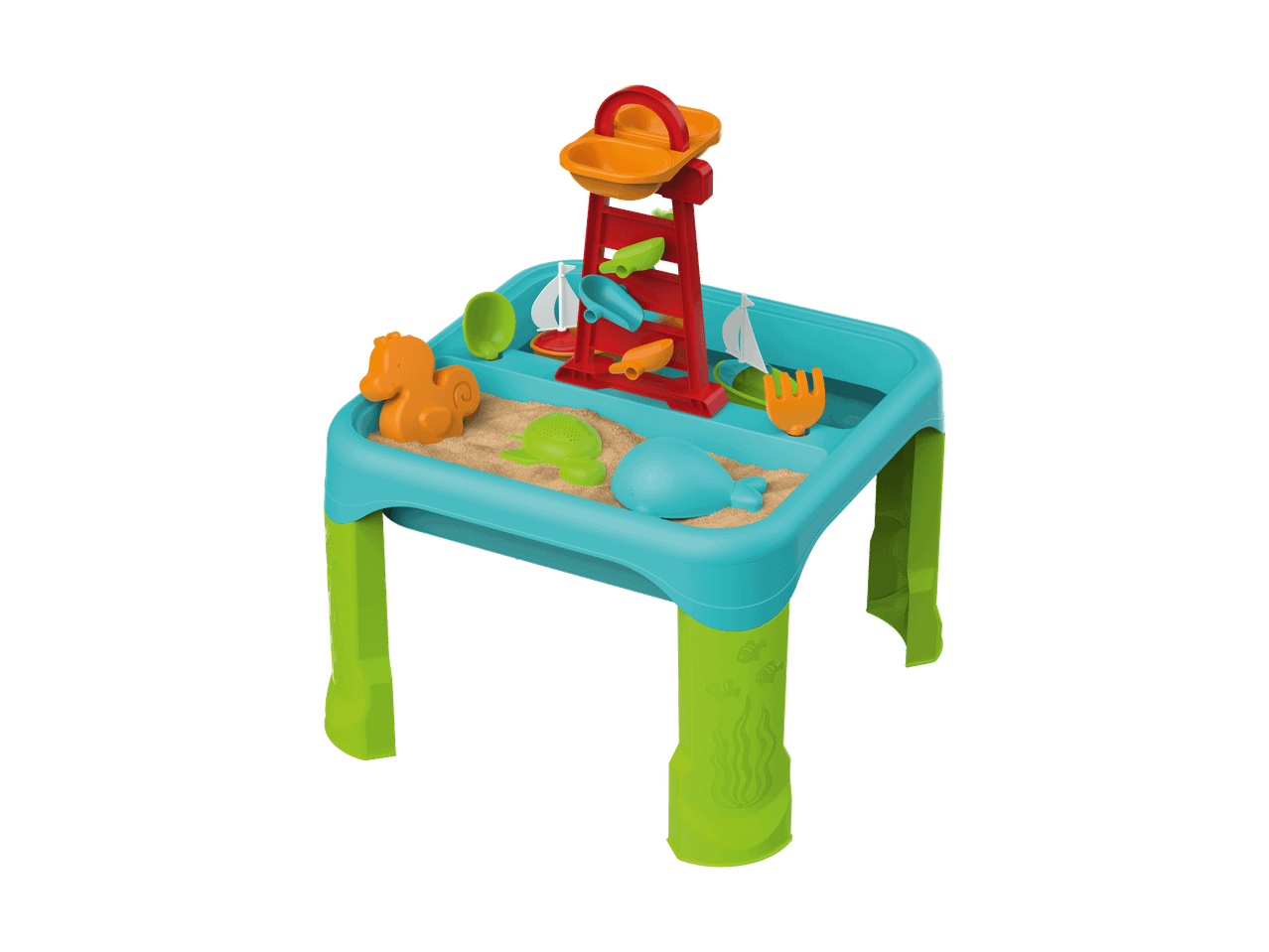 Sand- und Wassertisch für Kinder mit farbenfrohem Zubehör und Förmchen.