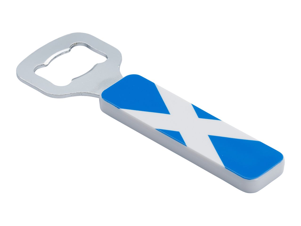 Bottle opener with a handle featuring the blue and white Scottish flag design.