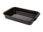 Eine schwarze, rechteckige Backform aus Metall.