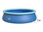 Blue inflatable swimming pool with a light blue top ring and a filter pump system.