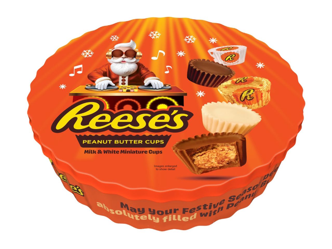 Reese's Peanut Butter Cups with DJ Santa, milk and white miniature cups.