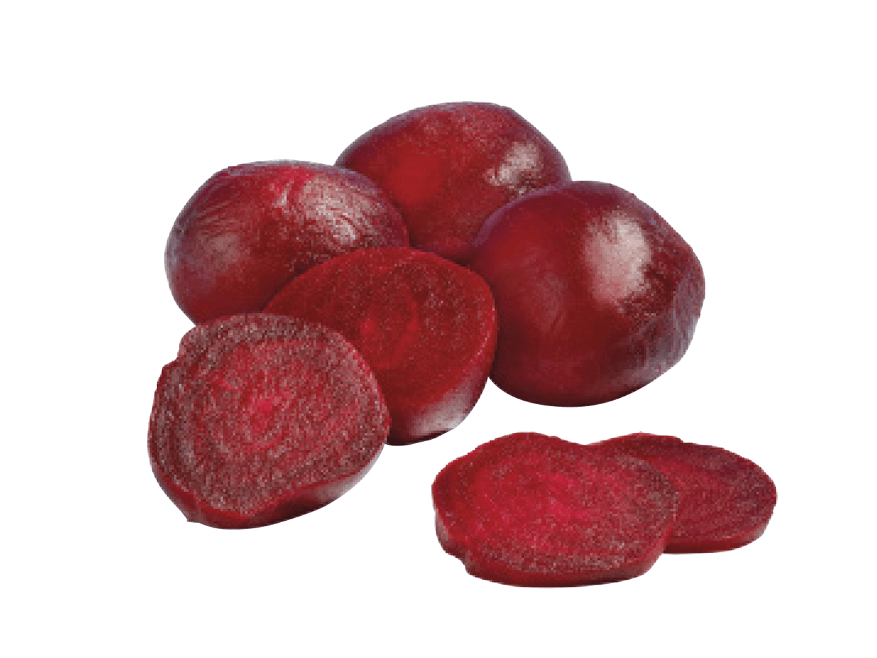 Bietes: veseli sakņaugi un sagrieztas šķēles uz melna fona.